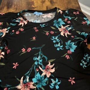CeCe Black Scoop Neck Floral Short Sleeve Top - Teal & Pink